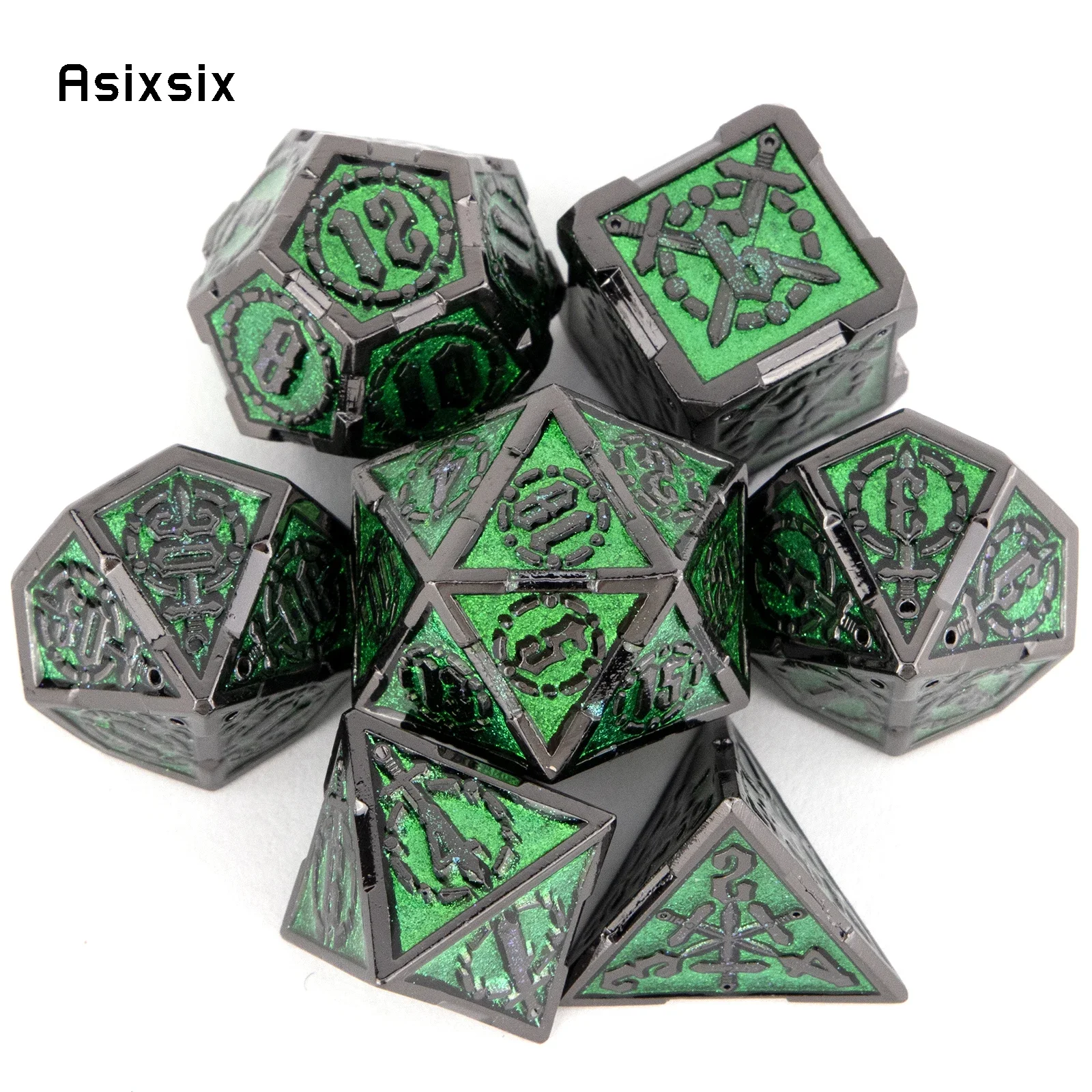 7 Pcs Green Silver Double Swords Metal Dice Solid Polyhedral Dice Set Suitable for Role-Playing RPG Board Game
7 Pcs Green Silver Double Swords Metal Dice Solid Polyhedral Dice Set Suitable for Role-Playing RPG Board Game