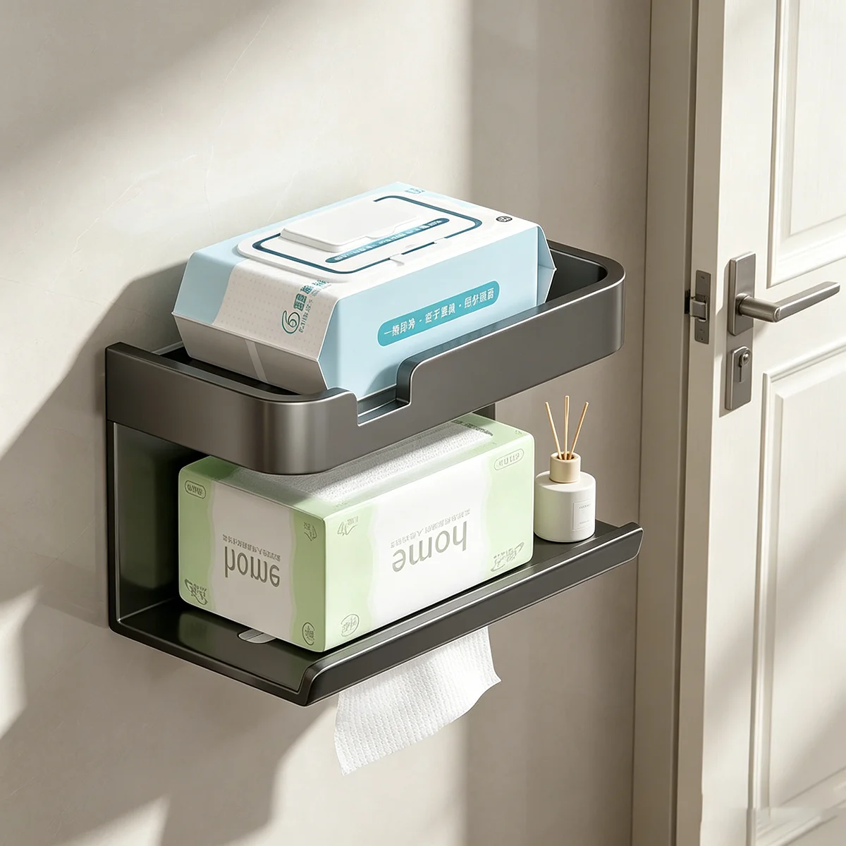 Wall-Mounted Gray Tissue Organizer, Punch-Free 2-Tier Waterproof Bathroom Shelf for Toilet Paper & Wet Wipes, Modern Style
Wall-Mounted Gray Tissue Organizer, Punch-Free 2-Tier Waterproof Bathroom Shelf for Toilet Paper & Wet Wipes, Modern Style
