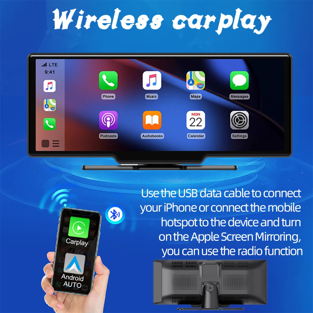 «Двухсистемный автомобильный монитор — поддерживает как iOS CarPlay и беспроводной проекцию Android Auto — 10-дюймовый сенсорный HD-дисплей»
«Двухсистемный автомобильный монитор — поддерживает как iOS CarPlay и беспроводной проекцию Android Auto — 10-дюймовый сенсорный HD-дисплей»