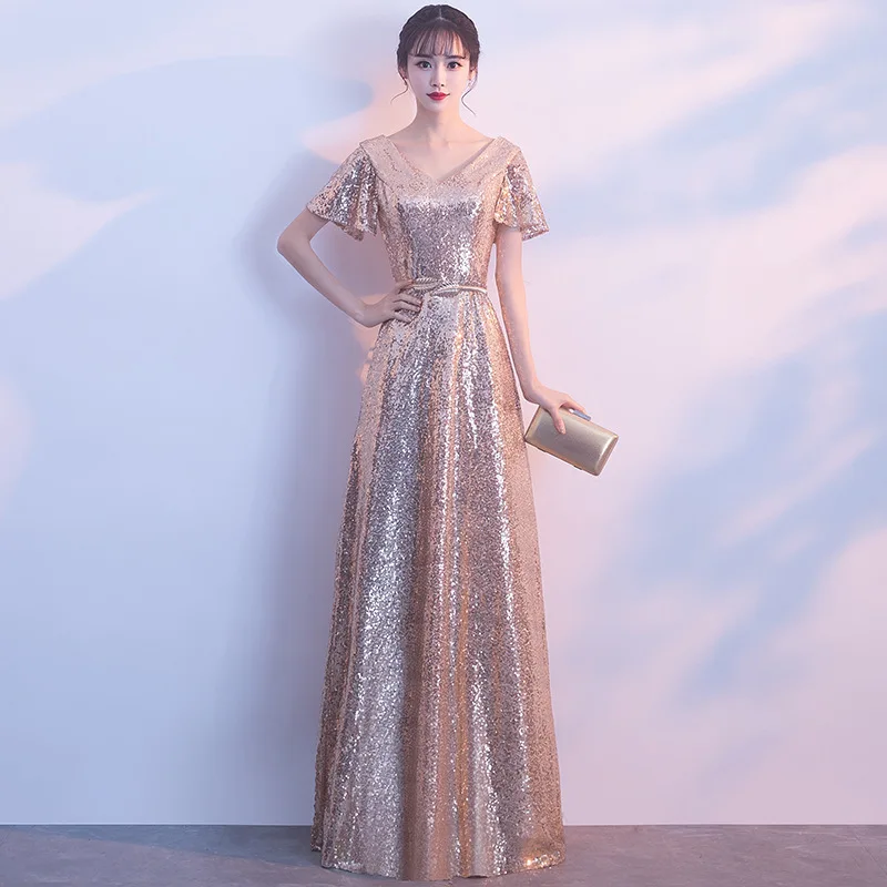 Elegant V-Neck Gold Sequin Prom Dress for Floor-Length A-LINE Long Singing Dress
Elegant V-Neck Gold Sequin Prom Dress for Floor-Length A-LINE Long Singing Dress