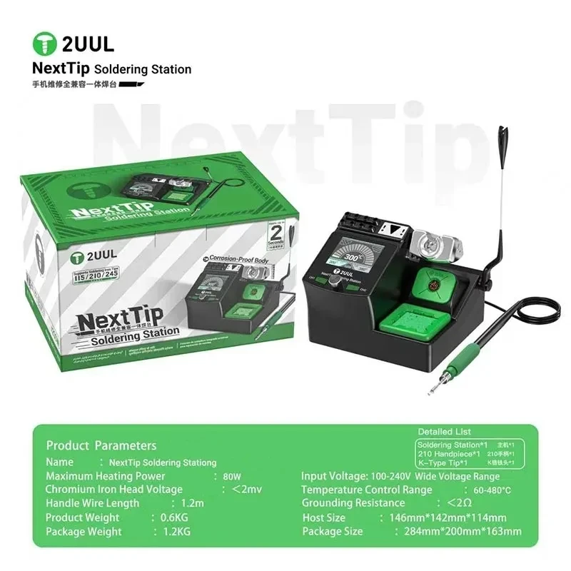 2UUL NT210 NextTip Soldering Station with Large Screen 60-480°C High Power Fast Heating Precise for Phone/Tablet Chip Repair
2UUL NT210 NextTip Soldering Station with Large Screen 60-480°C High Power Fast Heating Precise for Phone/Tablet Chip Repair