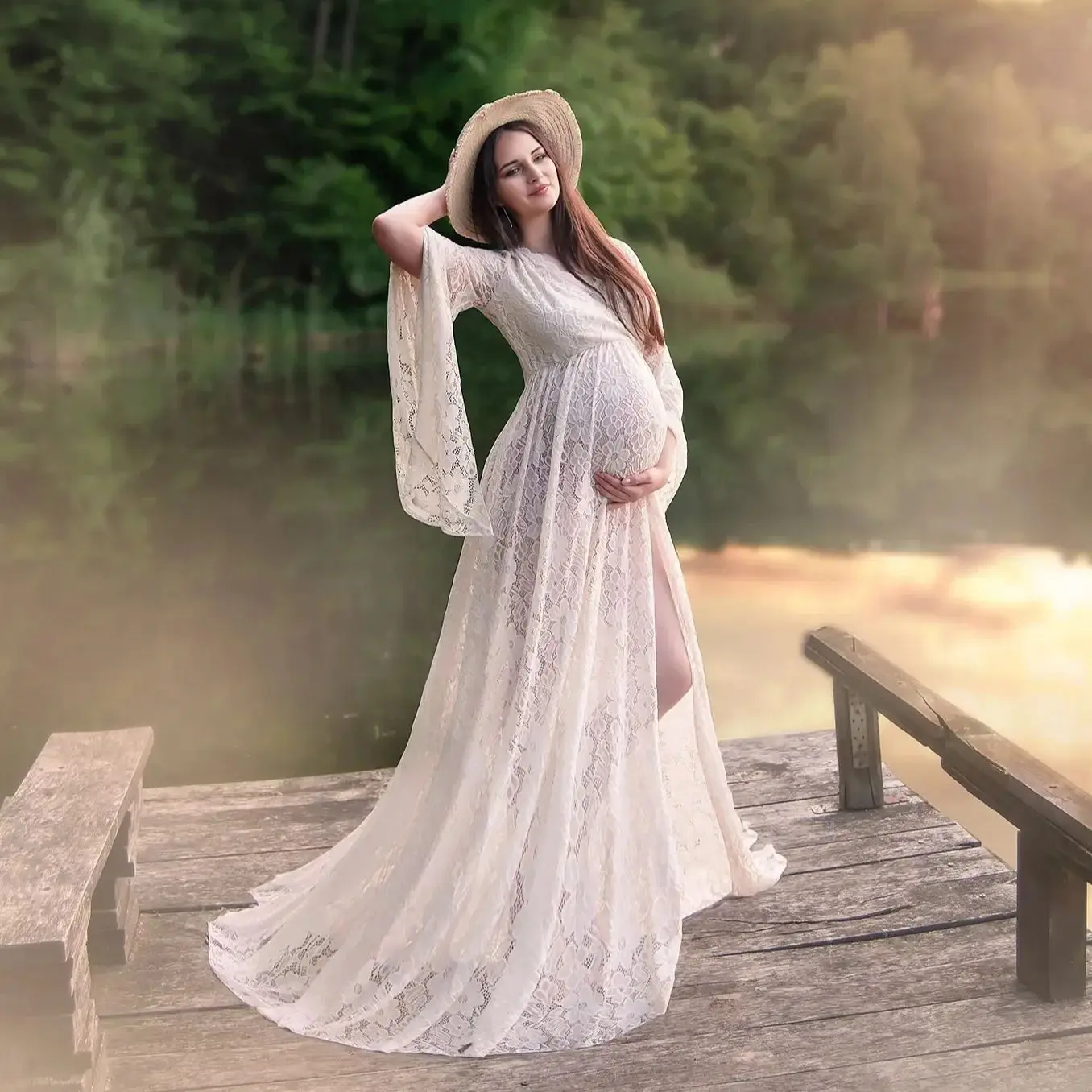 Lace Prom Dresses Full Sleeves Baby Shower Gowns V Neck Boho Party Robes with Slit Photography Vestido de Novia
Lace Prom Dresses Full Sleeves Baby Shower Gowns V Neck Boho Party Robes with Slit Photography Vestido de Novia