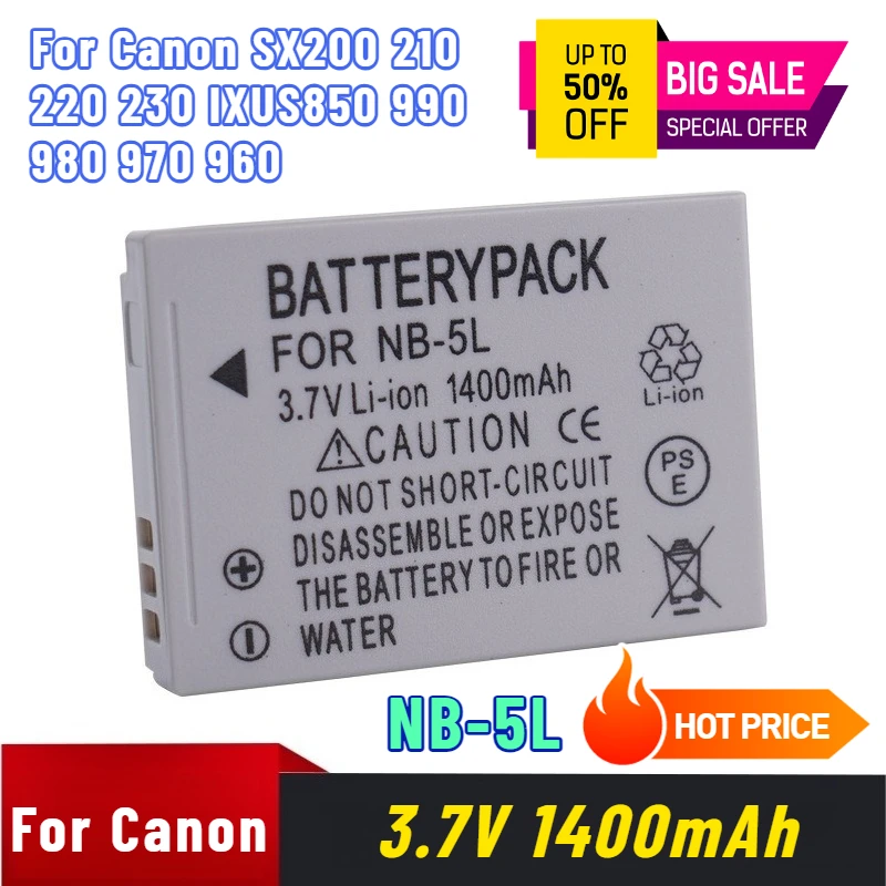 3.7V 1400mAh NB-5L for Canon SX200 210 220 230 IXUS850 990 980 970 960 Camera Battery
3.7V 1400mAh NB-5L for Canon SX200 210 220 230 IXUS850 990 980 970 960 Camera Battery