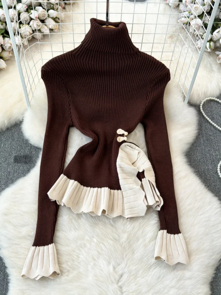 Fashion Design Pullovers Contrast Color Ruffles Flare Sleeve Turtleneck Irregular Forked Sweaters Female Slim Women's Clothing
Fashion Design Pullovers Contrast Color Ruffles Flare Sleeve Turtleneck Irregular Forked Sweaters Female Slim Women's Clothing