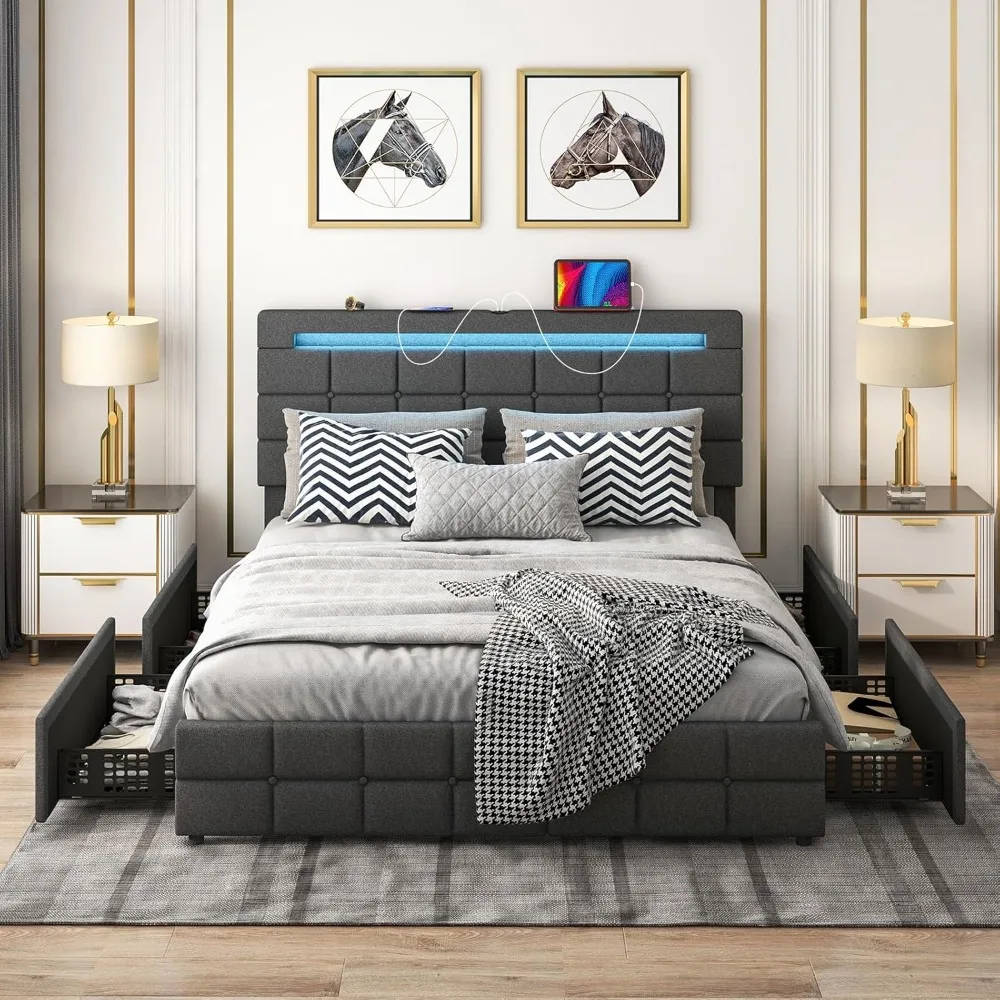 Queen Bed Frame with LED Lights and 4 Drawers, Upholstered Platform Bed Frame with USB Ports
Queen Bed Frame with LED Lights and 4 Drawers, Upholstered Platform Bed Frame with USB Ports