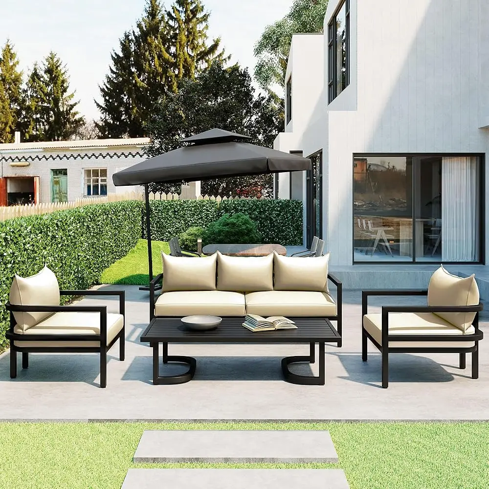 4-Piece Patio Conversation Set, Aluminum Outdoor Patio Furniture Set With Washable Thi Cushions & Coffee Table, 5-Seats
4-Piece Patio Conversation Set, Aluminum Outdoor Patio Furniture Set With Washable Thi Cushions & Coffee Table, 5-Seats