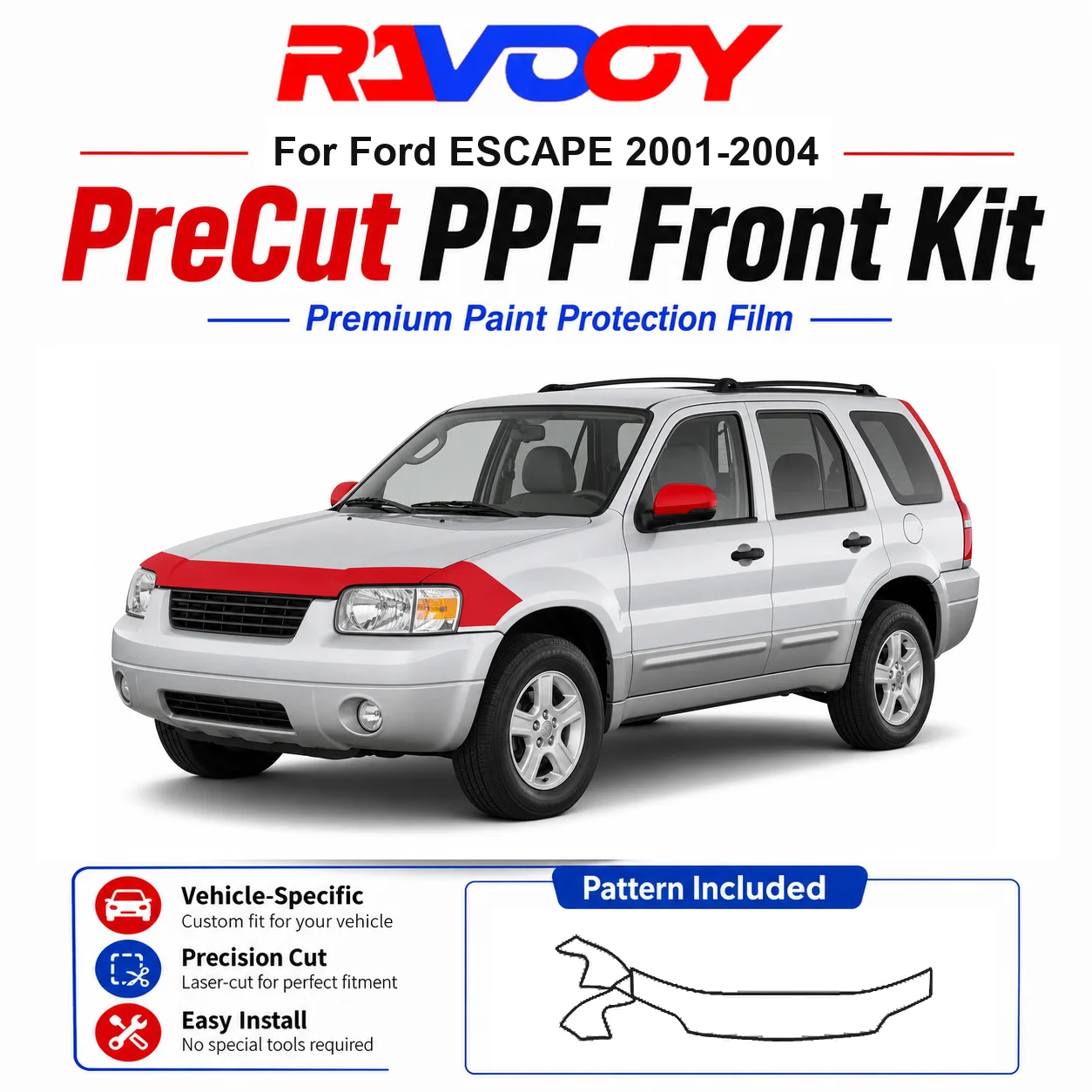 8.5mil TPU Precut PPF Kit For Ford ESCAPE 2001-2004 - Hood, Fenders & Mirror Set - Self-Healing Clear Bra Film
8.5mil TPU Precut PPF Kit For Ford ESCAPE 2001-2004 - Hood, Fenders & Mirror Set - Self-Healing Clear Bra Film