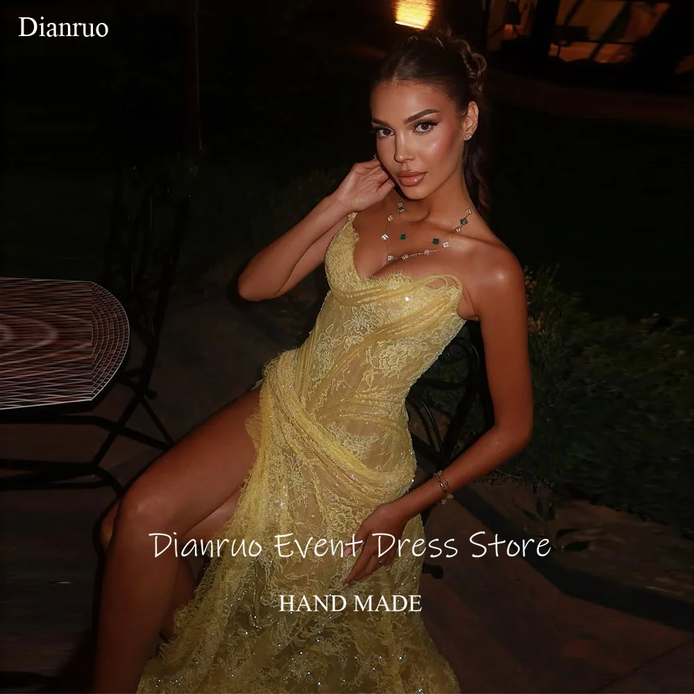 Dianruo Glittering Yellow Lace Evening Dresses High Side Slit Vestido Sweetheart Illusion De Novia Robe Soirées Chic Customized
Dianruo Glittering Yellow Lace Evening Dresses High Side Slit Vestido Sweetheart Illusion De Novia Robe Soirées Chic Customized