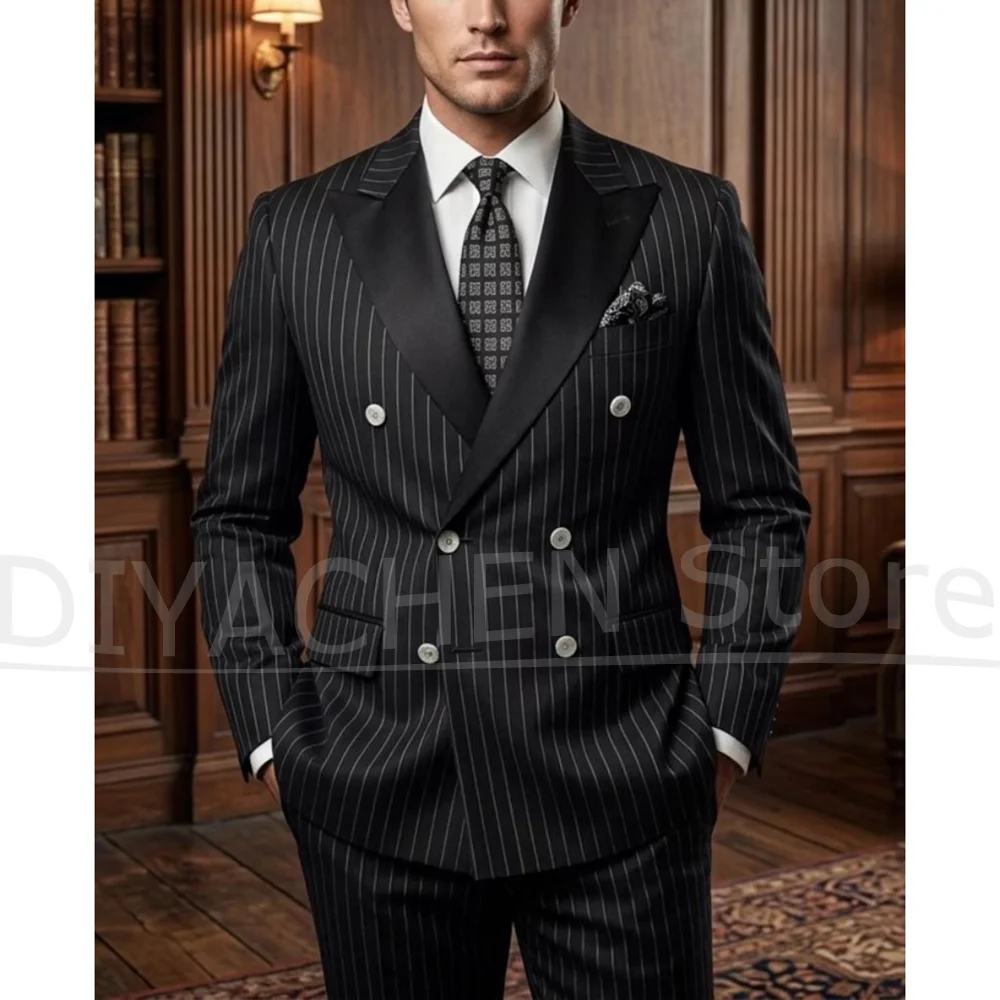 Men Black Pinstripe 2 Piece Suit Chic Satin Peak Lapel Double Breasted Blazer And Pants Business Formal Wedding Party Tuxedo
Men Black Pinstripe 2 Piece Suit Chic Satin Peak Lapel Double Breasted Blazer And Pants Business Formal Wedding Party Tuxedo