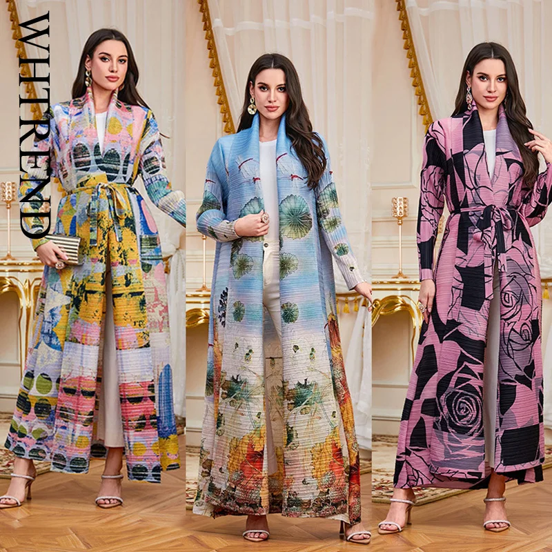 WHTREND женский плиссированный плащ в стиле Абая, модный свободный плащ с принтом, большой размер, элегантный длинный халат с поясом WH1890 
WHTREND женский плиссированный плащ в стиле Абая, модный свободный плащ с принтом, большой размер, элегантный длинный халат с поясом WH1890