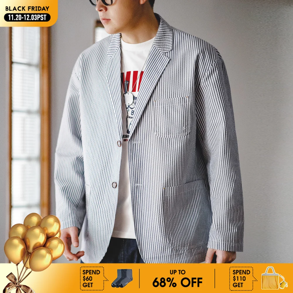 Maden New Vintage Casual Seersucker Striped Suit Jacket Cityboy Flat Lapel Loose Outwear for Men's Spring And Autumn
Maden New Vintage Casual Seersucker Striped Suit Jacket Cityboy Flat Lapel Loose Outwear for Men's Spring And Autumn