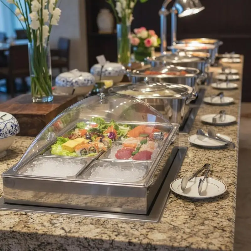 Food Presentation Showcase 21" x 13" x 12" For Restaurant Hotel Party, Clear Arc Lid 3 Ice Trays Buffet Condiment Dispenser
Food Presentation Showcase 21" x 13" x 12" For Restaurant Hotel Party, Clear Arc Lid 3 Ice Trays Buffet Condiment Dispenser