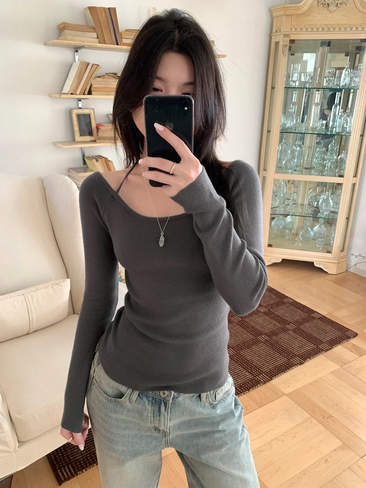 5colors Spring 2025 korean style Tops Girls Sexy Halter Slim Long Sleeve t-shirts Womens Knitted Tops Tees shirt femme (xY3651
5colors Spring 2025 korean style Tops Girls Sexy Halter Slim Long Sleeve t-shirts Womens Knitted Tops Tees shirt femme (xY3651