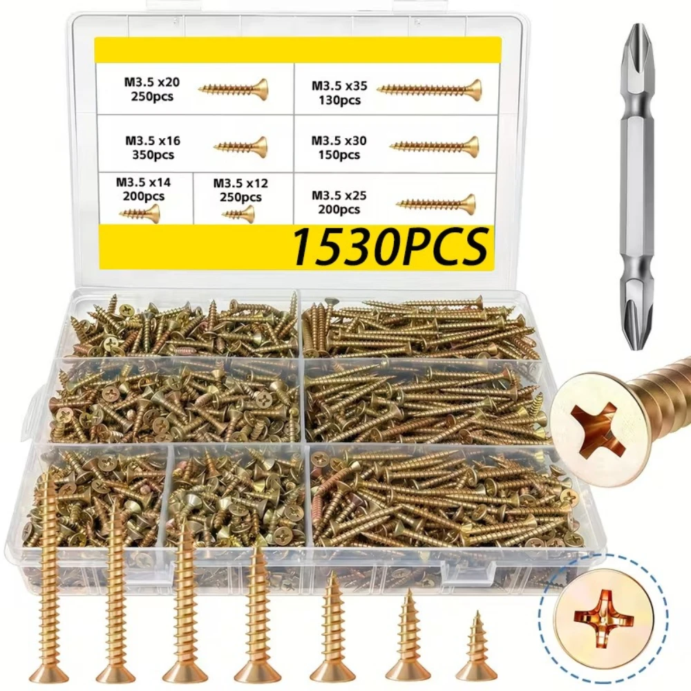 1530pcs Color Zinc Cross-head Screws M3.5 Countersunk Self-tapping Wood Screws Set Drywall Nails Fiberboard Nails Wood Screws
1530pcs Color Zinc Cross-head Screws M3.5 Countersunk Self-tapping Wood Screws Set Drywall Nails Fiberboard Nails Wood Screws