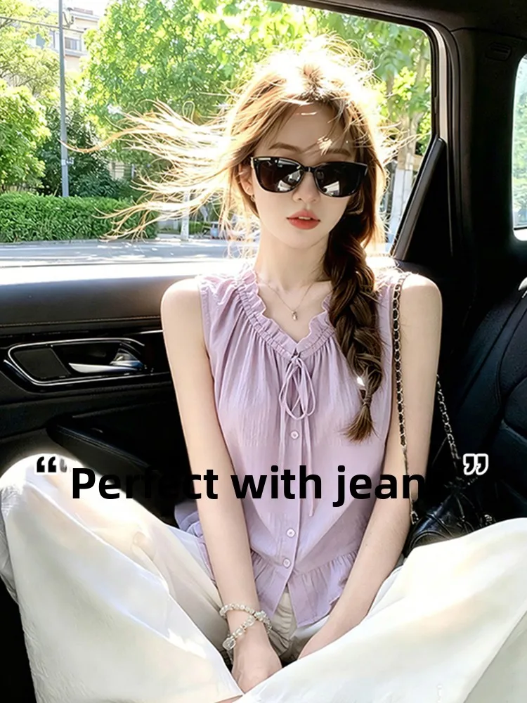 Retro Korean Style Women's Sleeveless Shirt with Drawstring Breathable Summer Top Princess Loose Fit V-Neck Printed Casual Shirt
Retro Korean Style Women's Sleeveless Shirt with Drawstring Breathable Summer Top Princess Loose Fit V-Neck Printed Casual Shirt