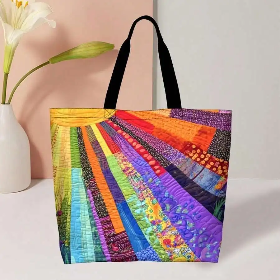 Colorful Quilted Patchwork Tote Bag With Sunburst Design Casual Artistic Style Womens Travel Shoulder Bag
Colorful Quilted Patchwork Tote Bag With Sunburst Design Casual Artistic Style Womens Travel Shoulder Bag
