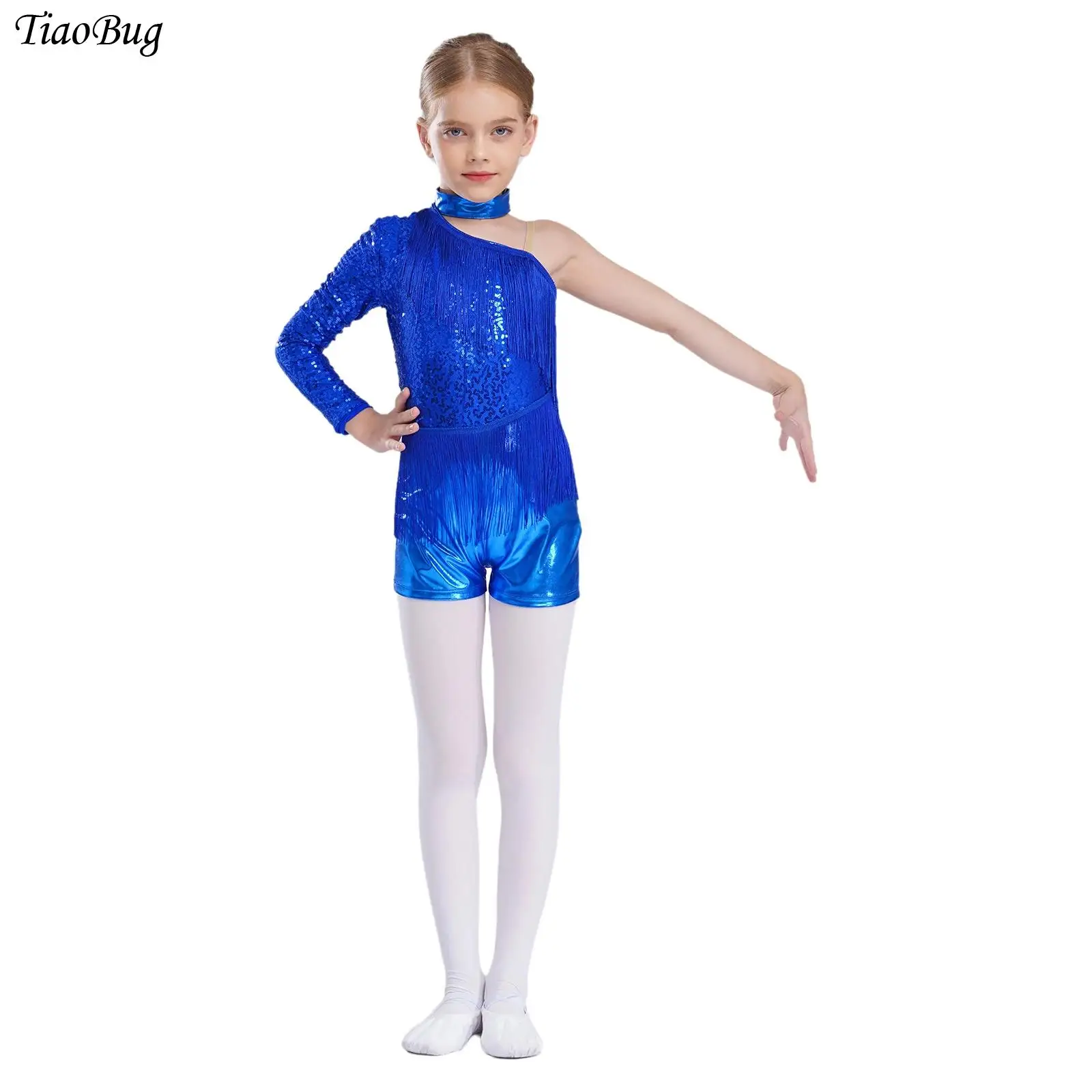 Kids Girls Latin Jazz Dance Jumpsuit Tassel Sequins Metallic Leotard One Shoulder Halter Rompers for Stage Performance Dancewear 
Kids Girls Latin Jazz Dance Jumpsuit Tassel Sequins Metallic Leotard One Shoulder Halter Rompers for Stage Performance Dancewear