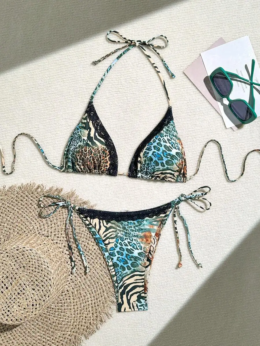 Women Two Piece Bikini Set With Lace Trim Animal Print Patchwork Side Tie Bottom
Women Two Piece Bikini Set With Lace Trim Animal Print Patchwork Side Tie Bottom