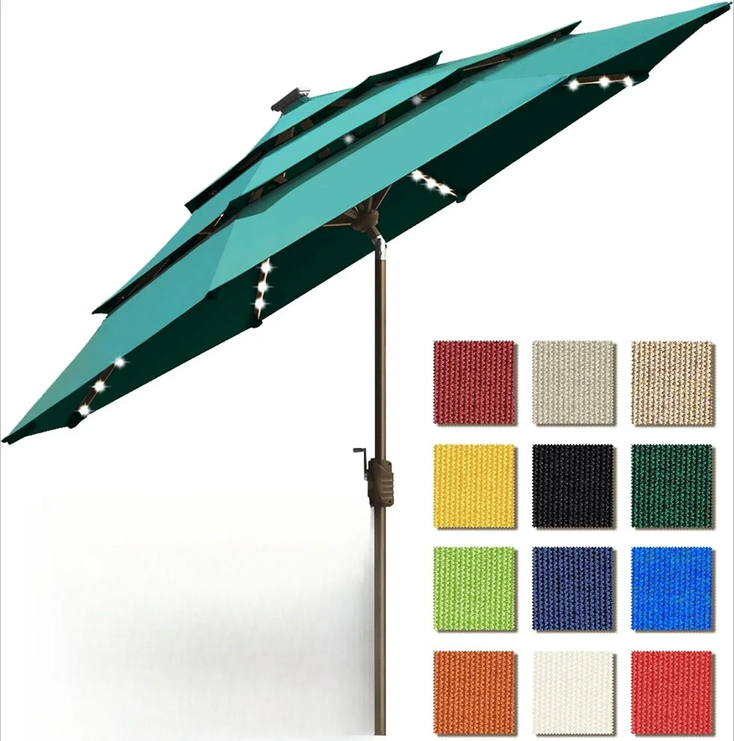 Солнечный зонт для патио 9 футов (2,7 м) с 3 ярусами, 80 светодиодами и вентиляцией, не выцветающий, 10-летняя гарантия, цвет бирюзовый
Солнечный зонт для патио 9 футов (2,7 м) с 3 ярусами, 80 светодиодами и вентиляцией, не выцветающий, 10-летняя гарантия, цвет бирюзовый