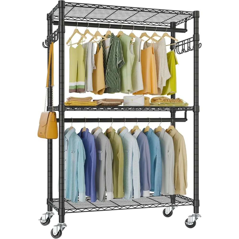 R2 Plus Heavy Duty Rolling Garment Rack 3 Tiers Adjustable Wire Shelving Clothes Rack with Double Rods and Side Hooks, Freestan
R2 Plus Heavy Duty Rolling Garment Rack 3 Tiers Adjustable Wire Shelving Clothes Rack with Double Rods and Side Hooks, Freestan