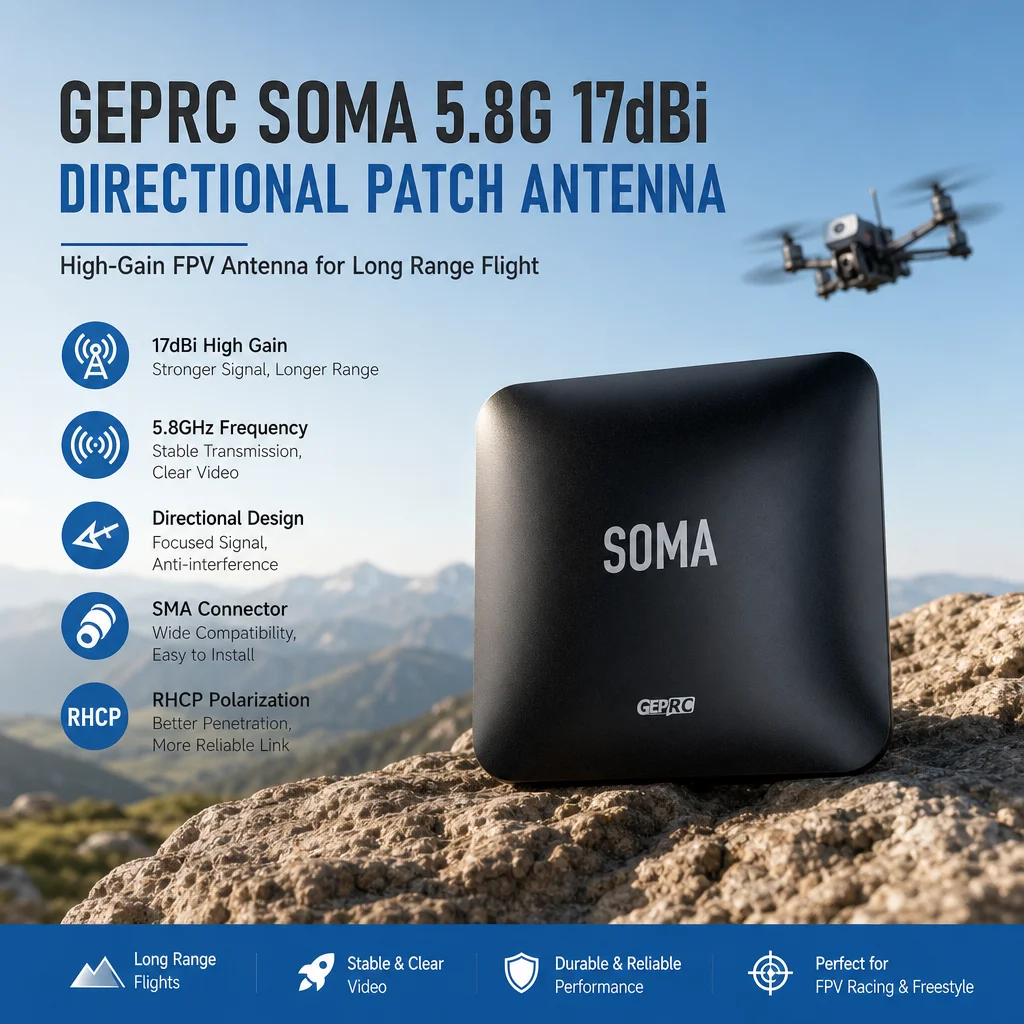 GEPRC SOMA 5.8G 17dBi Directional Patch Antenna – RHCP High-Gain FPV Long Range Antenna with SMA Connector
GEPRC SOMA 5.8G 17dBi Directional Patch Antenna – RHCP High-Gain FPV Long Range Antenna with SMA Connector