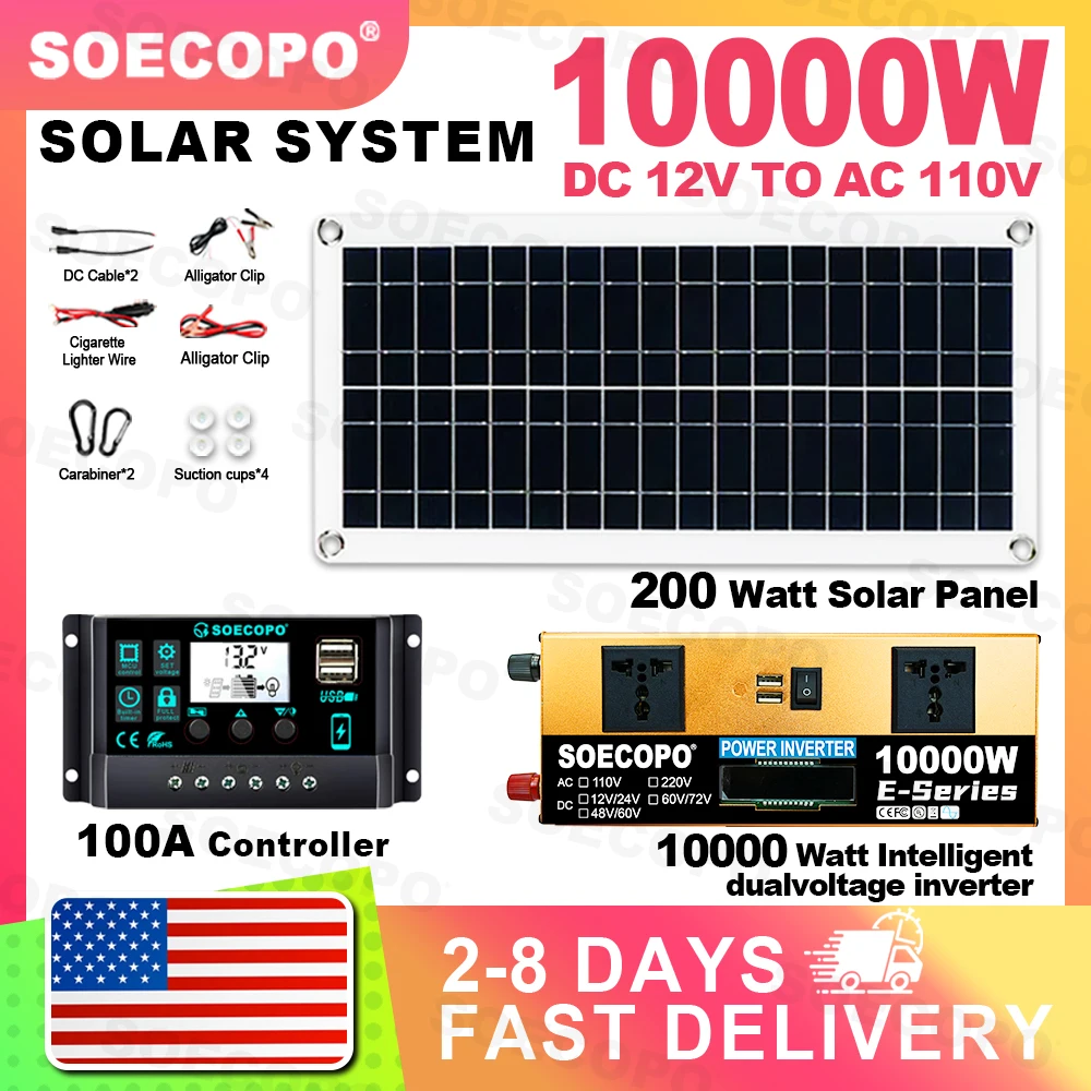 (Delivery within 2-8 days)SOECOPO 10000W Solar System Kit Dual Volt 12V/24V To 110V Inverter 100A Controller 200W Panel Camping 
(Delivery within 2-8 days)SOECOPO 10000W Solar System Kit Dual Volt 12V/24V To 110V Inverter 100A Controller 200W Panel Camping