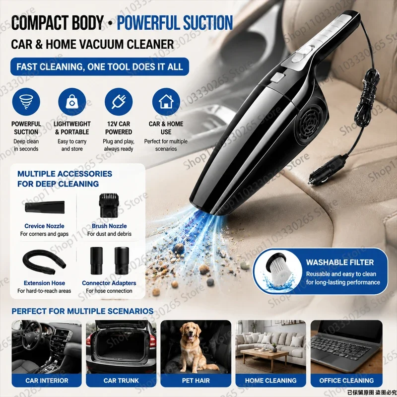Handheld Car Vacuum Cleaner, 12V Cigarette Lighter Powered, Lightweight with Attachments for Deep Interior Cleaning
Handheld Car Vacuum Cleaner, 12V Cigarette Lighter Powered, Lightweight with Attachments for Deep Interior Cleaning