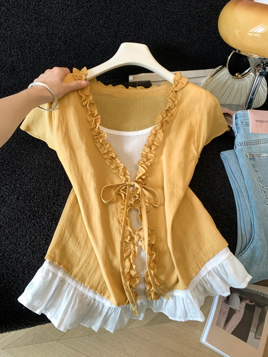 Yellow Pleated Short Sleeve Shirt Women's Beautiful Tie Doll Top Summer New Style Sweet Fashionable Elegant Fake Two-Piece Shirt
Yellow Pleated Short Sleeve Shirt Women's Beautiful Tie Doll Top Summer New Style Sweet Fashionable Elegant Fake Two-Piece Shirt