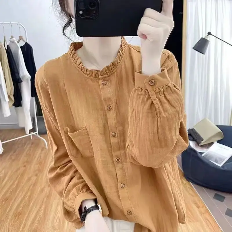 Women's Single-Breasted Ruffled Short-Sleeved Shirt Cotton and Linen Ladies Loose Buttons Stand-Up Collar Solid Colour Shirt A94
Women's Single-Breasted Ruffled Short-Sleeved Shirt Cotton and Linen Ladies Loose Buttons Stand-Up Collar Solid Colour Shirt A94