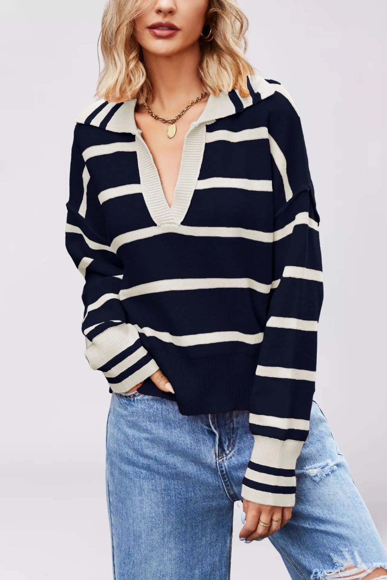 Women Striped Polo Knit Sweater 2025 Fall Winter Collared Relaxed Fit V-Neck Acrylic Blend Campus Style Music Festival Pullover
Women Striped Polo Knit Sweater 2025 Fall Winter Collared Relaxed Fit V-Neck Acrylic Blend Campus Style Music Festival Pullover