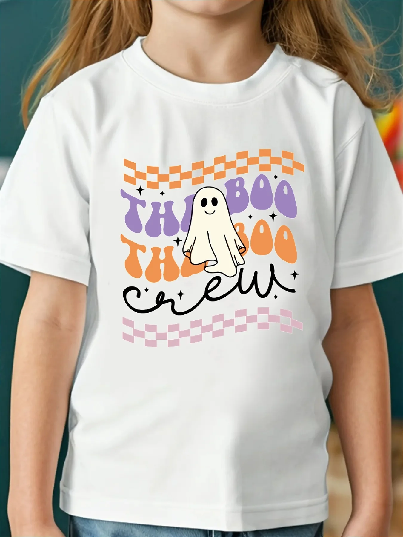Halloween girls' T-shirt the boo letter print little ghost pattern print comfortable and versatile round neck short sleeved top 
Halloween girls' T-shirt the boo letter print little ghost pattern print comfortable and versatile round neck short sleeved top