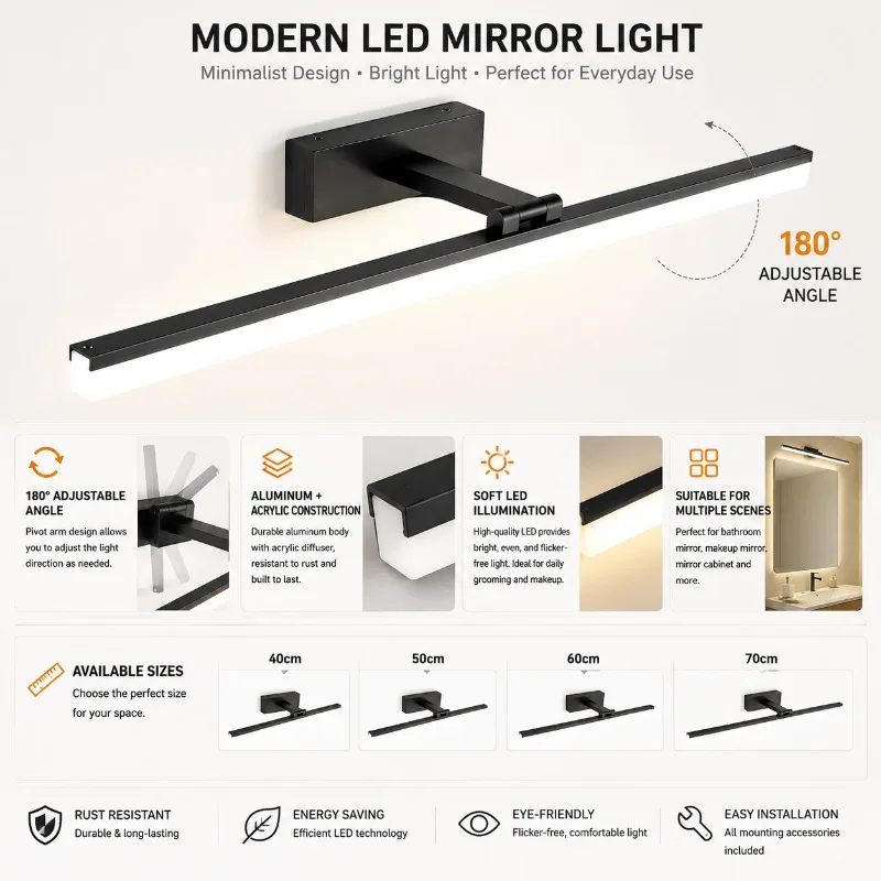 Aluminum Acrylic LED Vanity Mirror Light 180° Adjustable Bathroom Wall Lamp Waterproof Dimmable 3000K/6000K For Makeup Room
Aluminum Acrylic LED Vanity Mirror Light 180° Adjustable Bathroom Wall Lamp Waterproof Dimmable 3000K/6000K For Makeup Room