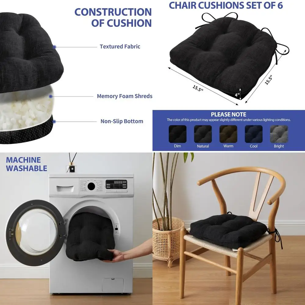 Set of 6 Dining Chair Cushions, Kitchen Seat Pads with Ties, Non-Slip Backing, 15.5 x 15.5 x 4, Black
Set of 6 Dining Chair Cushions, Kitchen Seat Pads with Ties, Non-Slip Backing, 15.5 x 15.5 x 4, Black