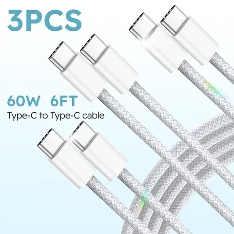 3개입 6피트 60W 나일론 편조 고속 충전기 타입 C to USB C 케이블 (삼성, 샤오미, 아이폰 15 Pro/아이패드/안드로이드용)