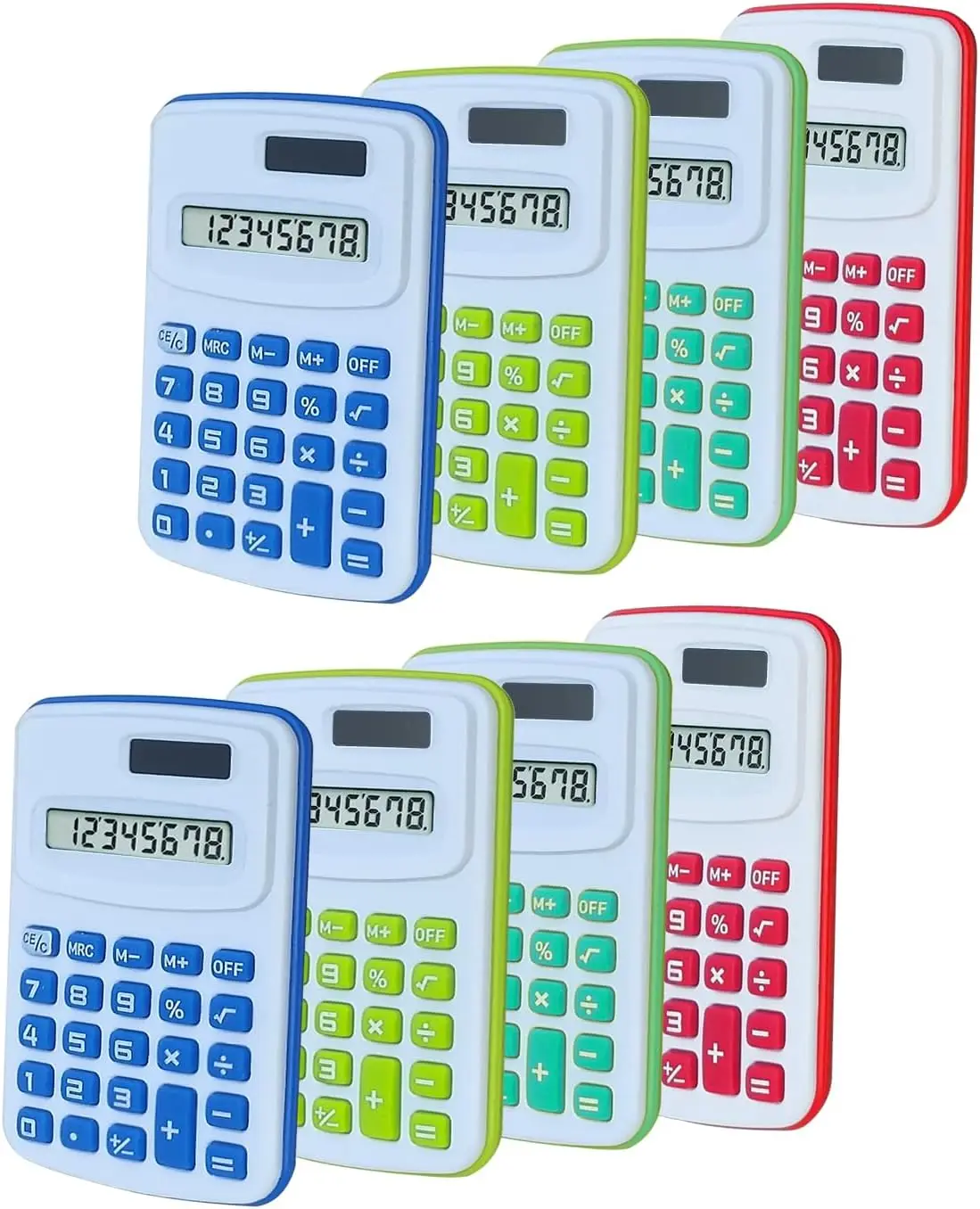 8-Digit Basic Calculator, Silicone Buttons, Pack of 8 (4 Colors)
8-Digit Basic Calculator, Silicone Buttons, Pack of 8 (4 Colors)