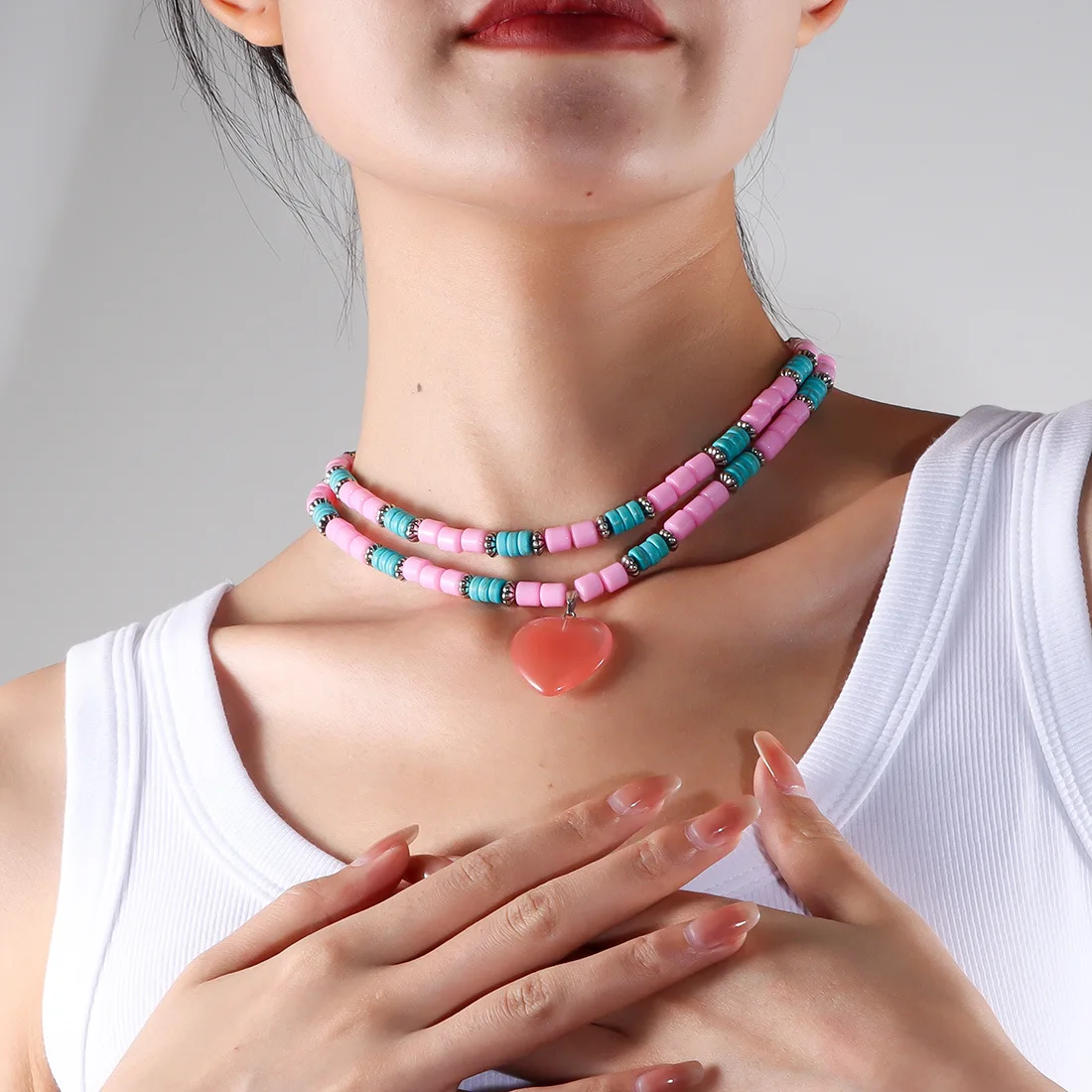 DIY accessories European and American cross-border fresh and sweet love pendant necklace double-layer turquoise collarbone chain
DIY accessories European and American cross-border fresh and sweet love pendant necklace double-layer turquoise collarbone chain