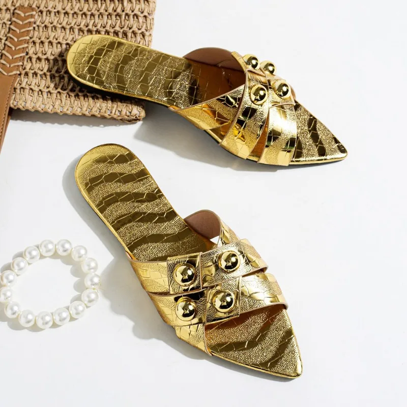 Shiny Gold Flat-bottomed Women's Slippers Crocodile Print Chain Buckle Pointed Toe Women's Shoes Fashion Party Women's Sandals
Shiny Gold Flat-bottomed Women's Slippers Crocodile Print Chain Buckle Pointed Toe Women's Shoes Fashion Party Women's Sandals