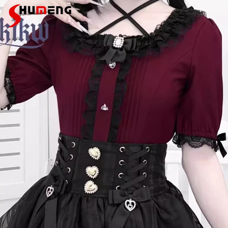 Japanese Style Sweet Girl Blouse Lace-up Halter Square Collar Short Sleeve Lace Bow Heart Button All-matched Shirts Tops Women
Japanese Style Sweet Girl Blouse Lace-up Halter Square Collar Short Sleeve Lace Bow Heart Button All-matched Shirts Tops Women