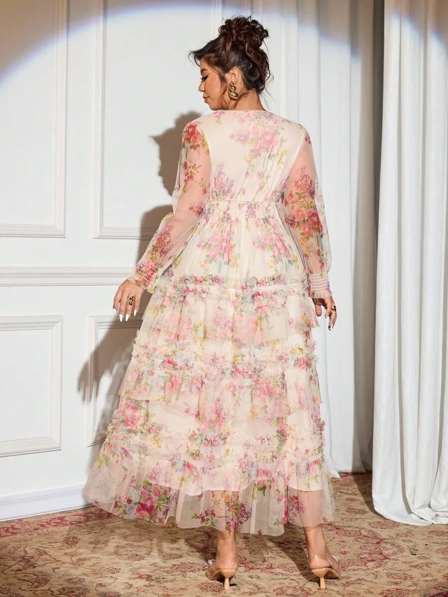 Mesh Floral Print Tiered Dress With Elastic Waist For Evening Party Date
Mesh Floral Print Tiered Dress With Elastic Waist For Evening Party Date