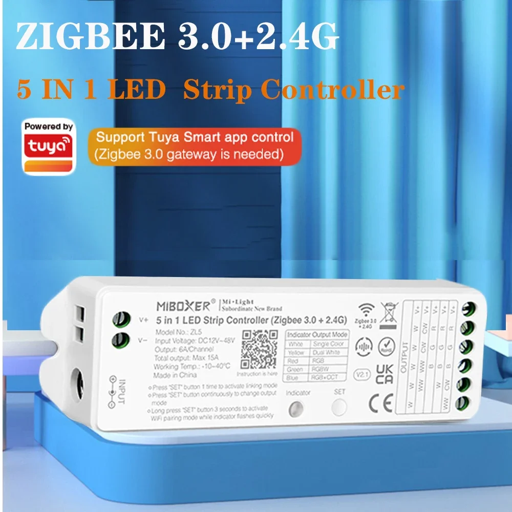(Zigbee 3.0+2.4G) 5 in 1 LED Strip Controller ZL5 Support Music Rhythm and 2.4GHZ Remote Control DC 12V~48V 24V
(Zigbee 3.0+2.4G) 5 in 1 LED Strip Controller ZL5 Support Music Rhythm and 2.4GHZ Remote Control DC 12V~48V 24V