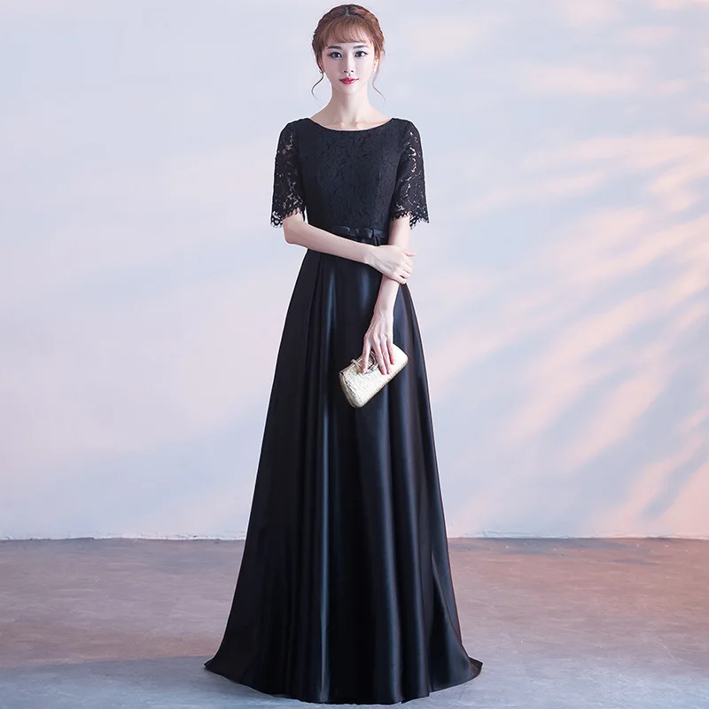 Black Lace & Satin A‑Line Bridesmaid Dress Round Neck Half Sleeve Floor‑Length Formal Gown With Waist Sash
Black Lace & Satin A‑Line Bridesmaid Dress Round Neck Half Sleeve Floor‑Length Formal Gown With Waist Sash