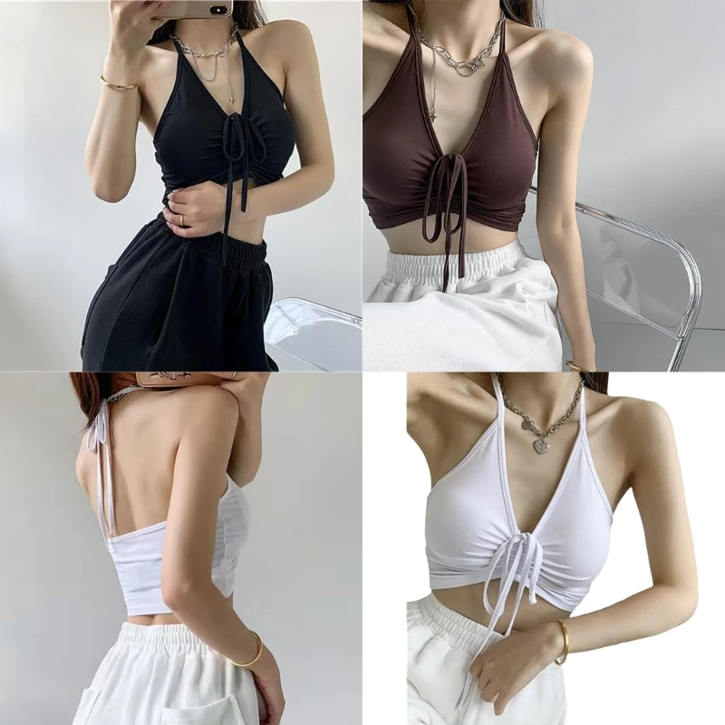 Womens Halterneck Solid Color Crop Top Ruched Drawstring V Neck Fitted Camisole
Womens Halterneck Solid Color Crop Top Ruched Drawstring V Neck Fitted Camisole