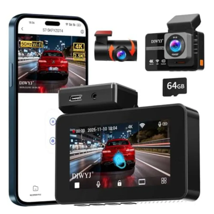 Dual-channel car dash cam for front and rear use, 4K + 2.5K resolution, black housing, 5GHz WiFi, 3 IPS display, APP control, n
Dual-channel car dash cam for front and rear use, 4K + 2.5K resolution, black housing, 5GHz WiFi, 3 IPS display, APP control, n