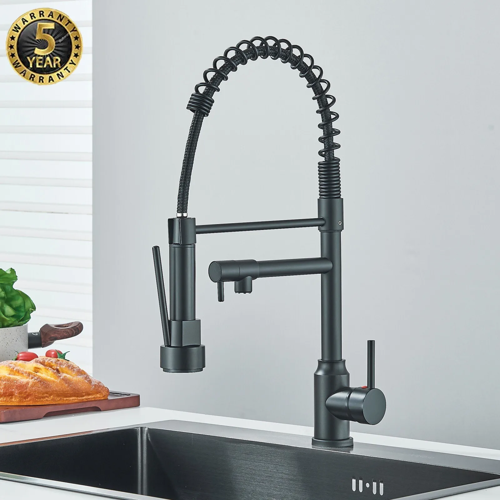 Черный смеситель для кухонной мойки, одно отверстие, пружинный выдвижной смеситель с 2 режимами распылителя
Черный смеситель для кухонной мойки, одно отверстие, пружинный выдвижной смеситель с 2 режимами распылителя