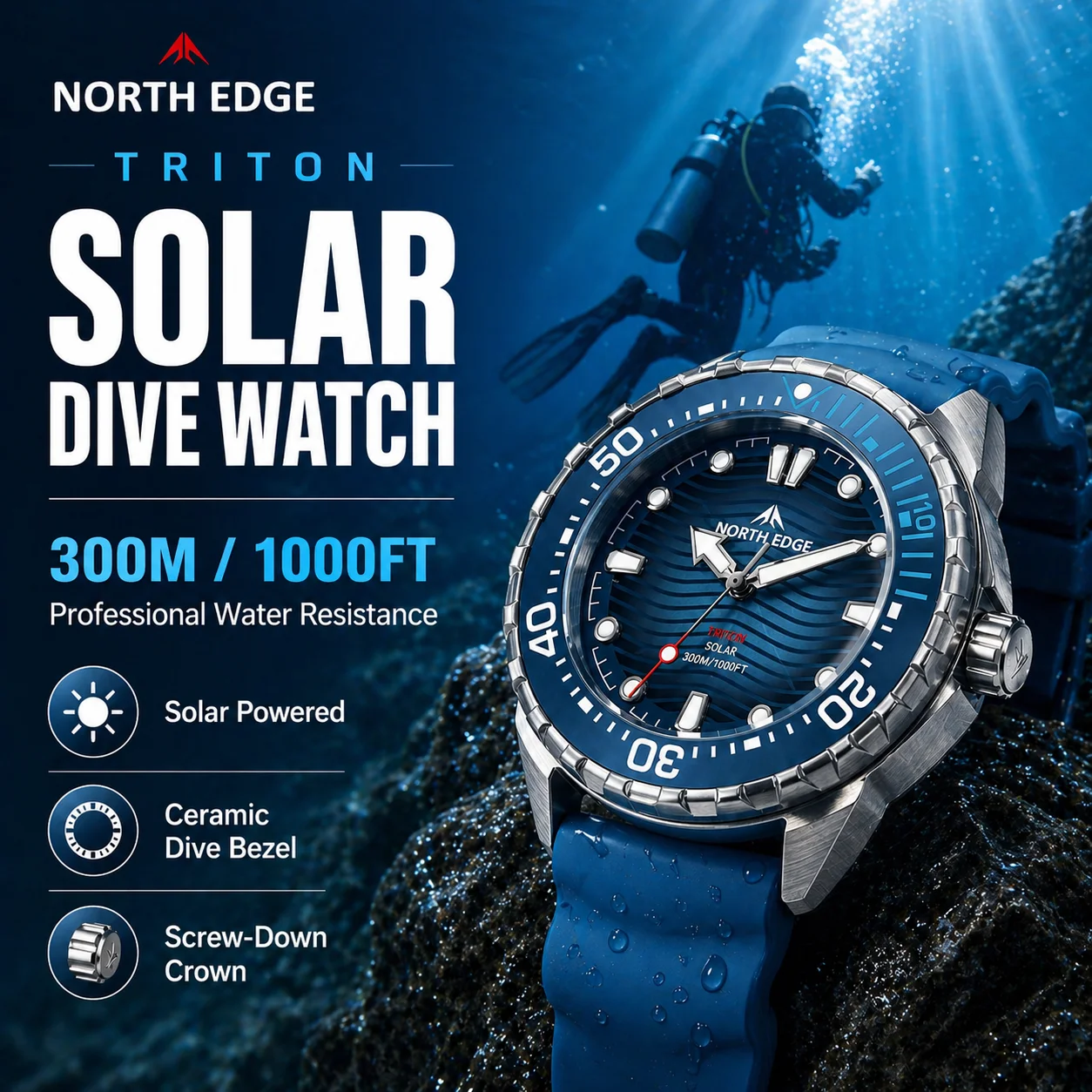 North Edge TRITON Dive Watch for Diver Outdoor Enthusiast Solar Charging 300M Water-Resistant Adventure Ready Men Digital Watch
North Edge TRITON Dive Watch for Diver Outdoor Enthusiast Solar Charging 300M Water-Resistant Adventure Ready Men Digital Watch