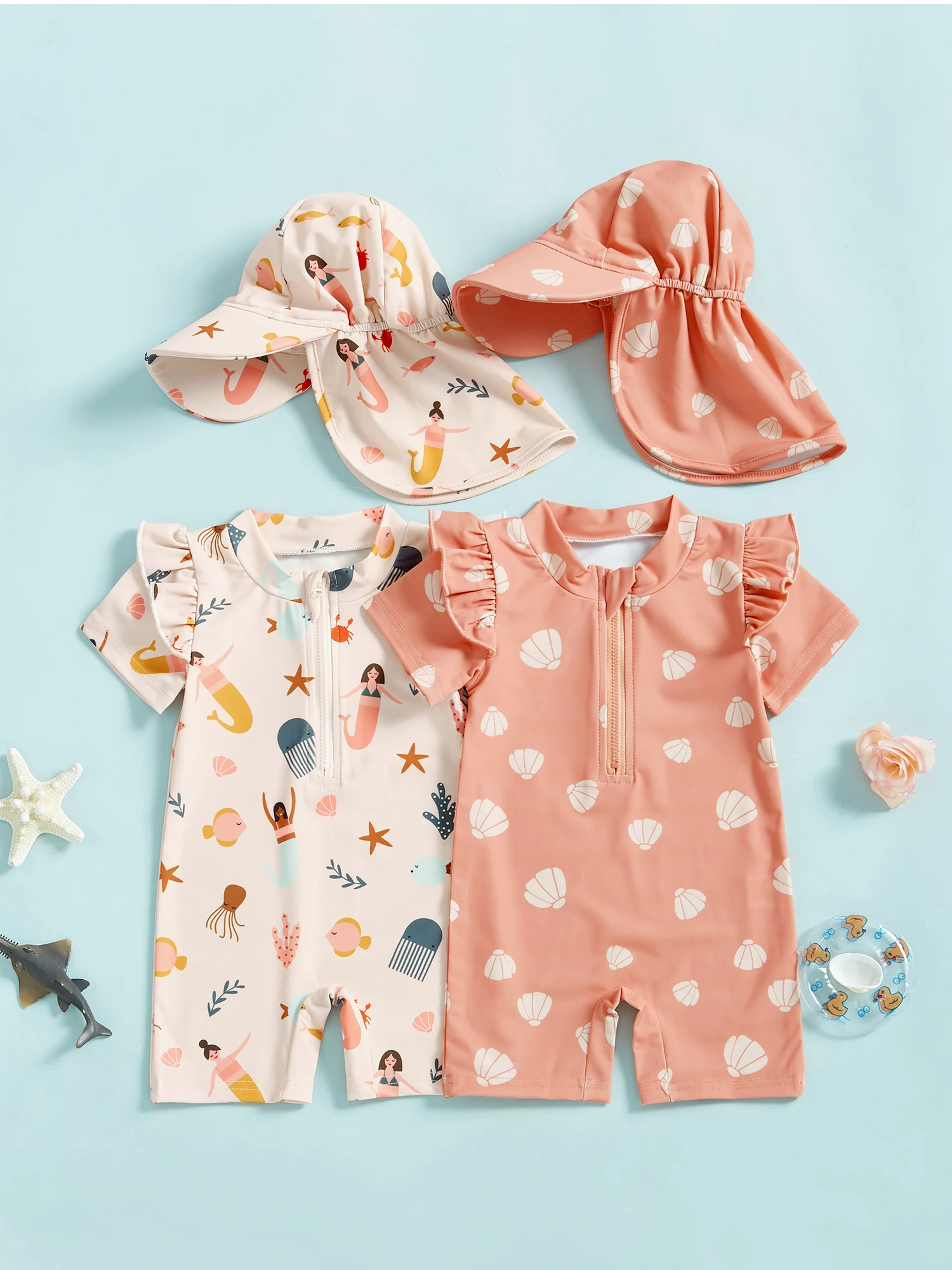 Toddler Girls Rash Guard Swimsuit Playsuits Short Sleeve Mermaid/Shell Print Kids Bathing Suit with Swim Cap
Toddler Girls Rash Guard Swimsuit Playsuits Short Sleeve Mermaid/Shell Print Kids Bathing Suit with Swim Cap