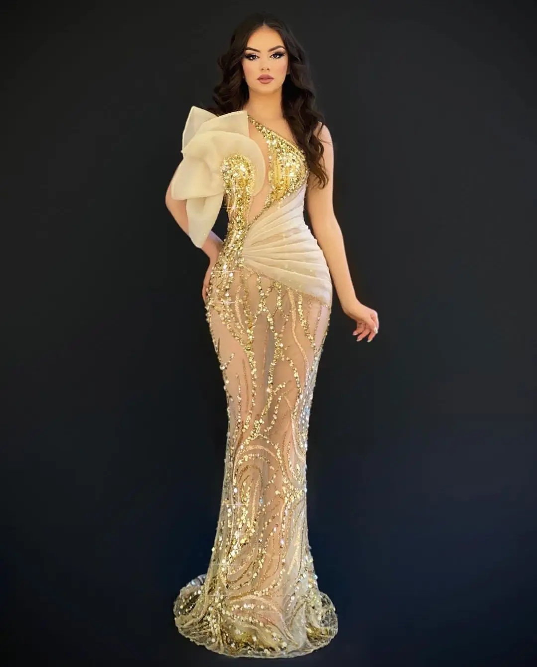 Gold Sequins Beaded Mermaid Evening Dresses Fan Shape One Shoulder Sexy See Through Prom Dresses Custom Made Red Carpet Robes
Gold Sequins Beaded Mermaid Evening Dresses Fan Shape One Shoulder Sexy See Through Prom Dresses Custom Made Red Carpet Robes