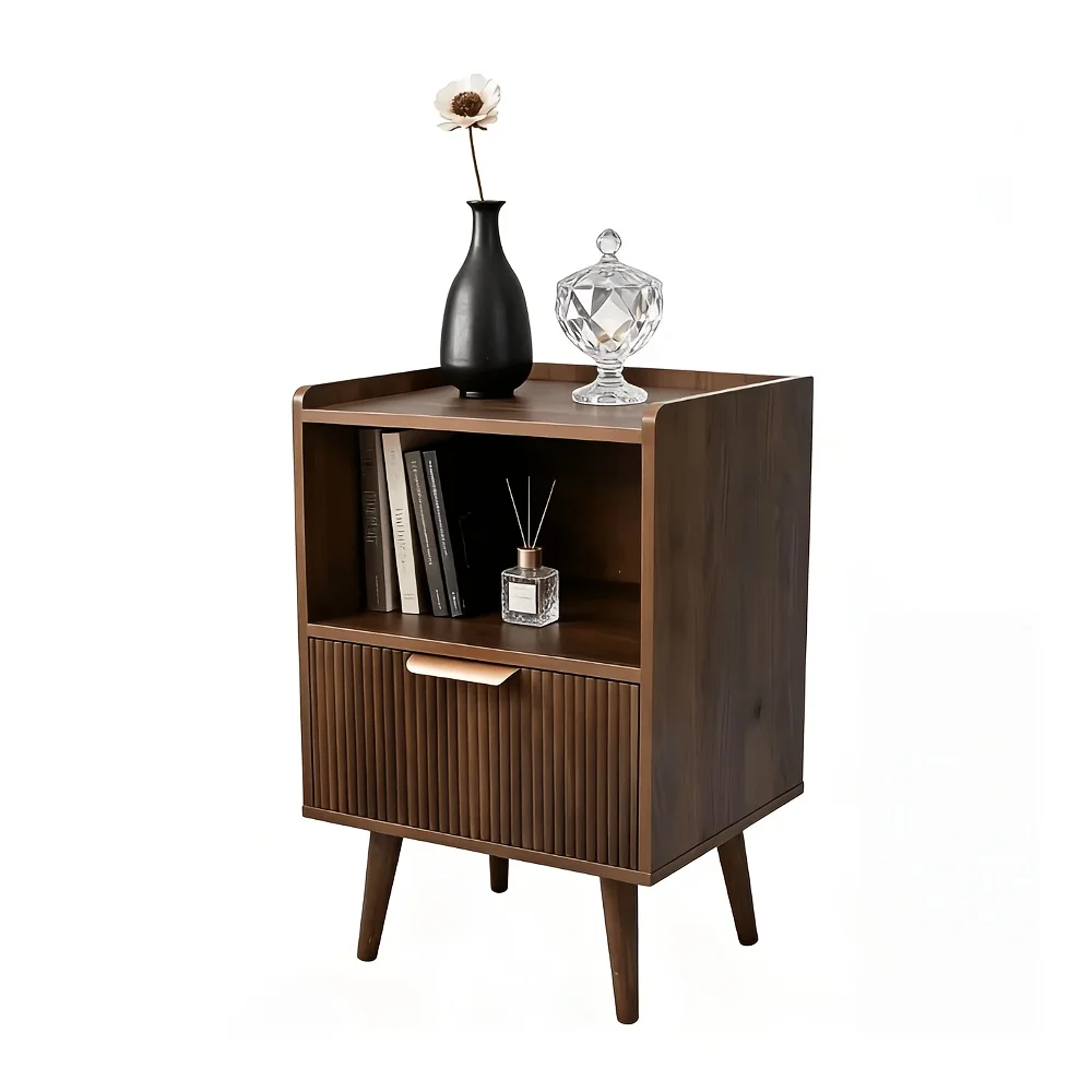 Compact Modern Nightstand with Storage - Scandinavian & Midcentury Bedside Table Suitable for Small Spaces, Walnut Finish Bedside Table with Fluted Drawer & Open Shelf, Space-Saving for Bedroom/Living Room, Assembly, Engineered Wood Base
Compact Modern Nightstand with Storage - Scandinavian & Midcentury Bedside Table Suitable for Small Spaces, Walnut Finish Bedside Table with Fluted Drawer & Open Shelf, Space-Saving for Bedroom/Living Room, Assembly, Engineered Wood Base