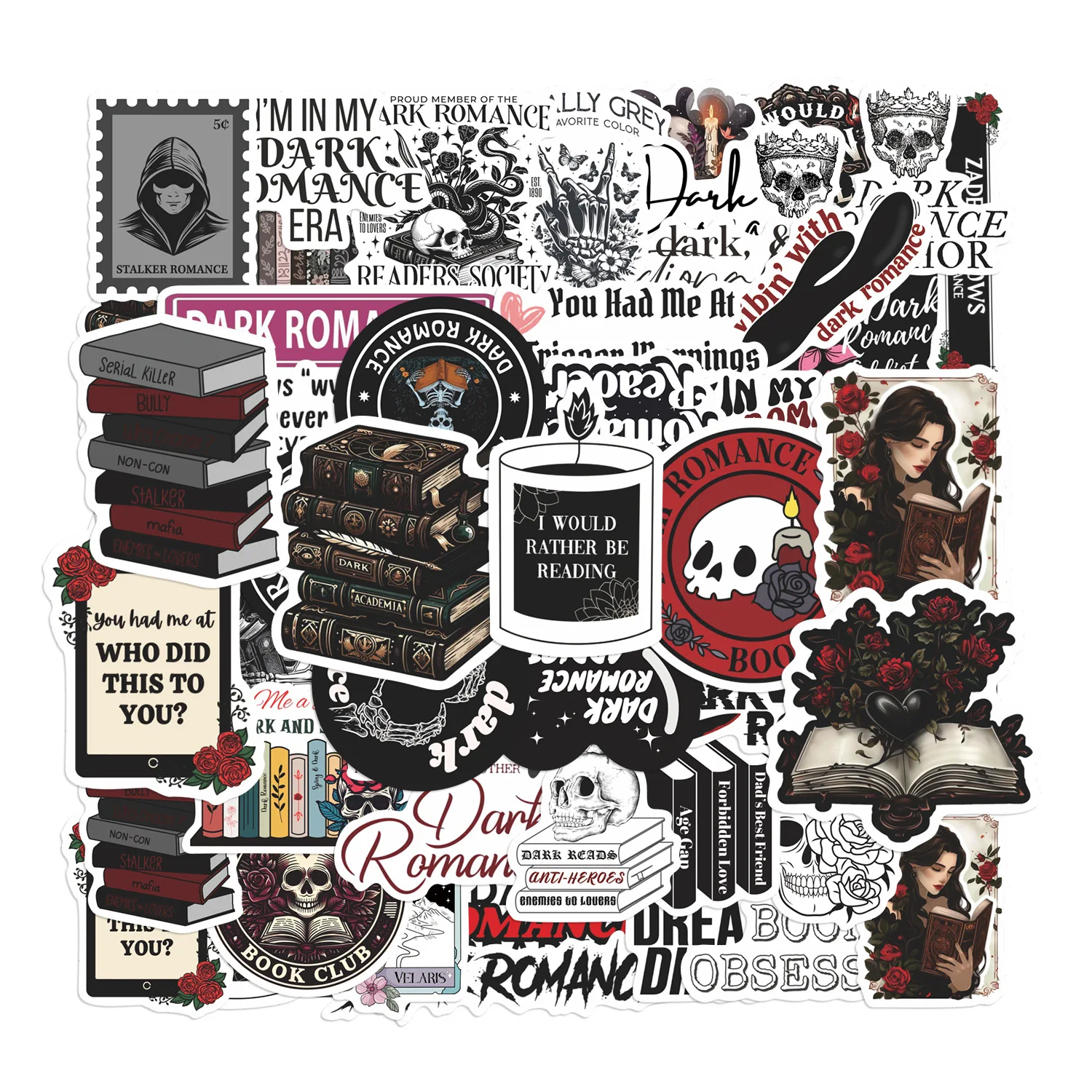 50Pcs Dark Romantic Reading Stickers Magic Horror Graffiti Stickers DIY Notebook Luggage Bottle Waterproof Stickers
50Pcs Dark Romantic Reading Stickers Magic Horror Graffiti Stickers DIY Notebook Luggage Bottle Waterproof Stickers