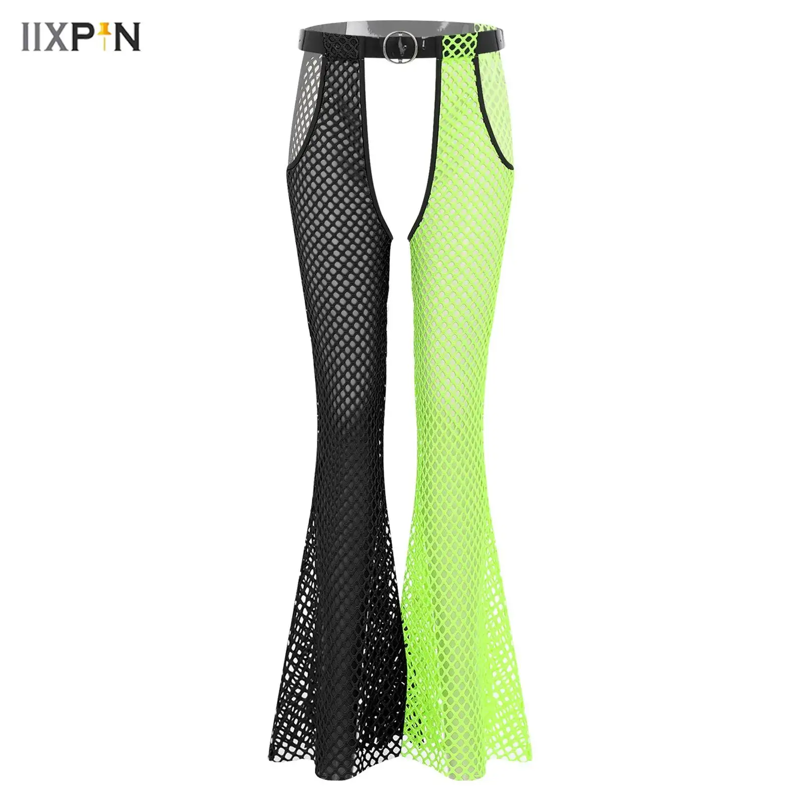 Womens Fishnet Mesh Chaps Hollow Out Crotch Wide Leg Pants Contrast Color Trousers with Waist Belt for Halloween Rave Club Party
Womens Fishnet Mesh Chaps Hollow Out Crotch Wide Leg Pants Contrast Color Trousers with Waist Belt for Halloween Rave Club Party
